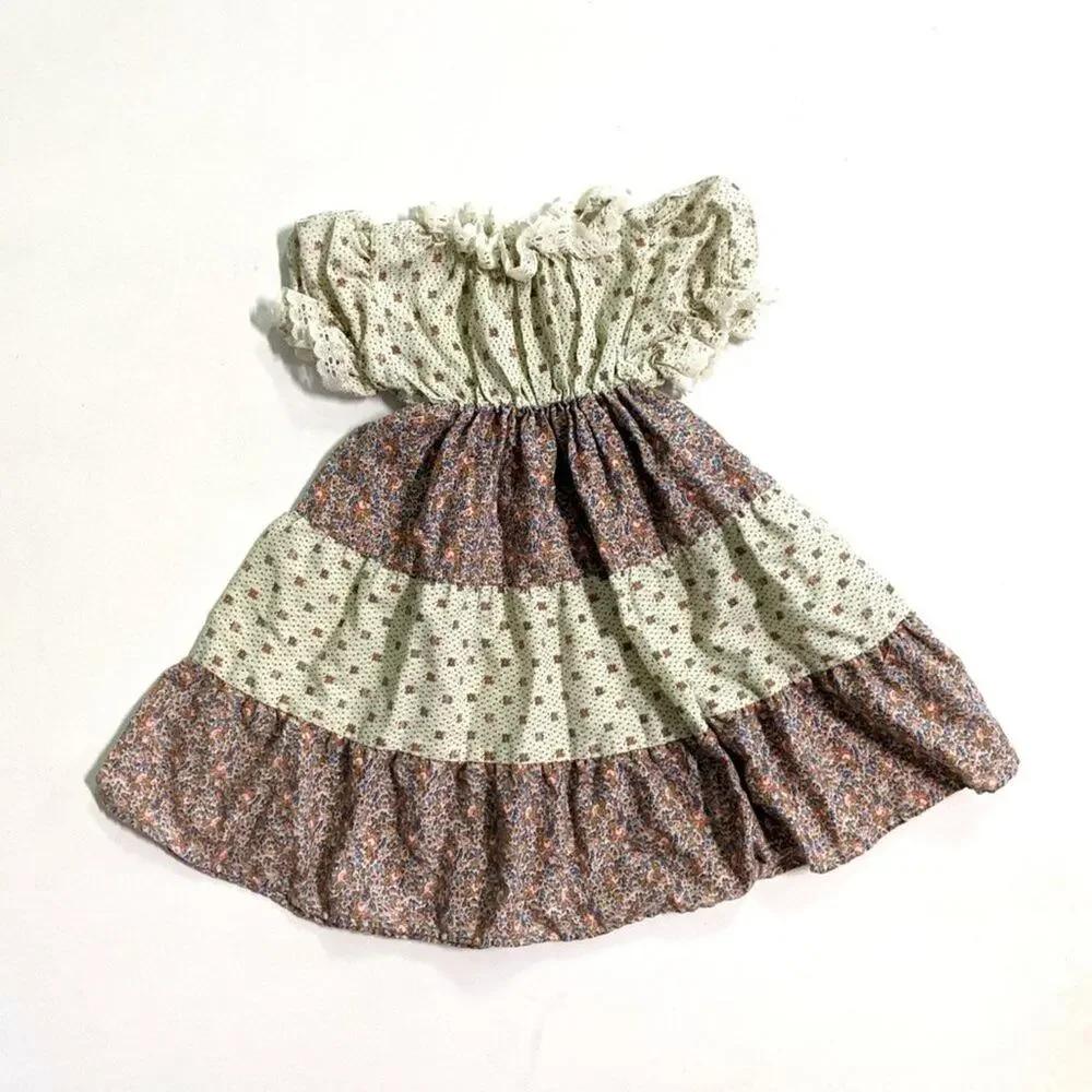 Vintage Lil Airess Dress Girls Size 4 Floral Prairie Neutral Brown Tiered